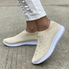 Women's Rhinestone Slip On Sneakers Lightweight Knit Low Top Shoes
