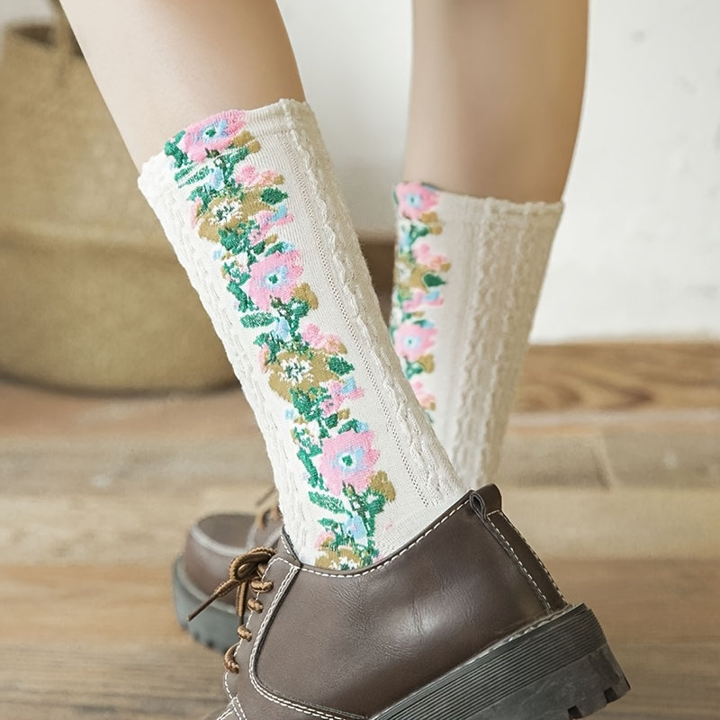 5 Pairs Ethnic Style Socks Floral Embroidery Mid Tube Women's Stockings