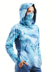 Fish Graphic Sun Protection Hooded Shirt Long Sleeves Running Top