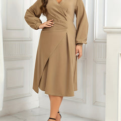 Plus Size Solid Lantern Sleeve Wrap Formal Dress