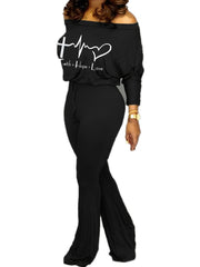 Faith & Love Print Jumpsuit Flare Leg Drawstring Waist Casual Jumpsuit
