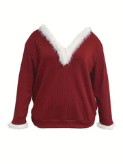 Colorblock Jacquard Fuzzy Trim V Neck Sweater