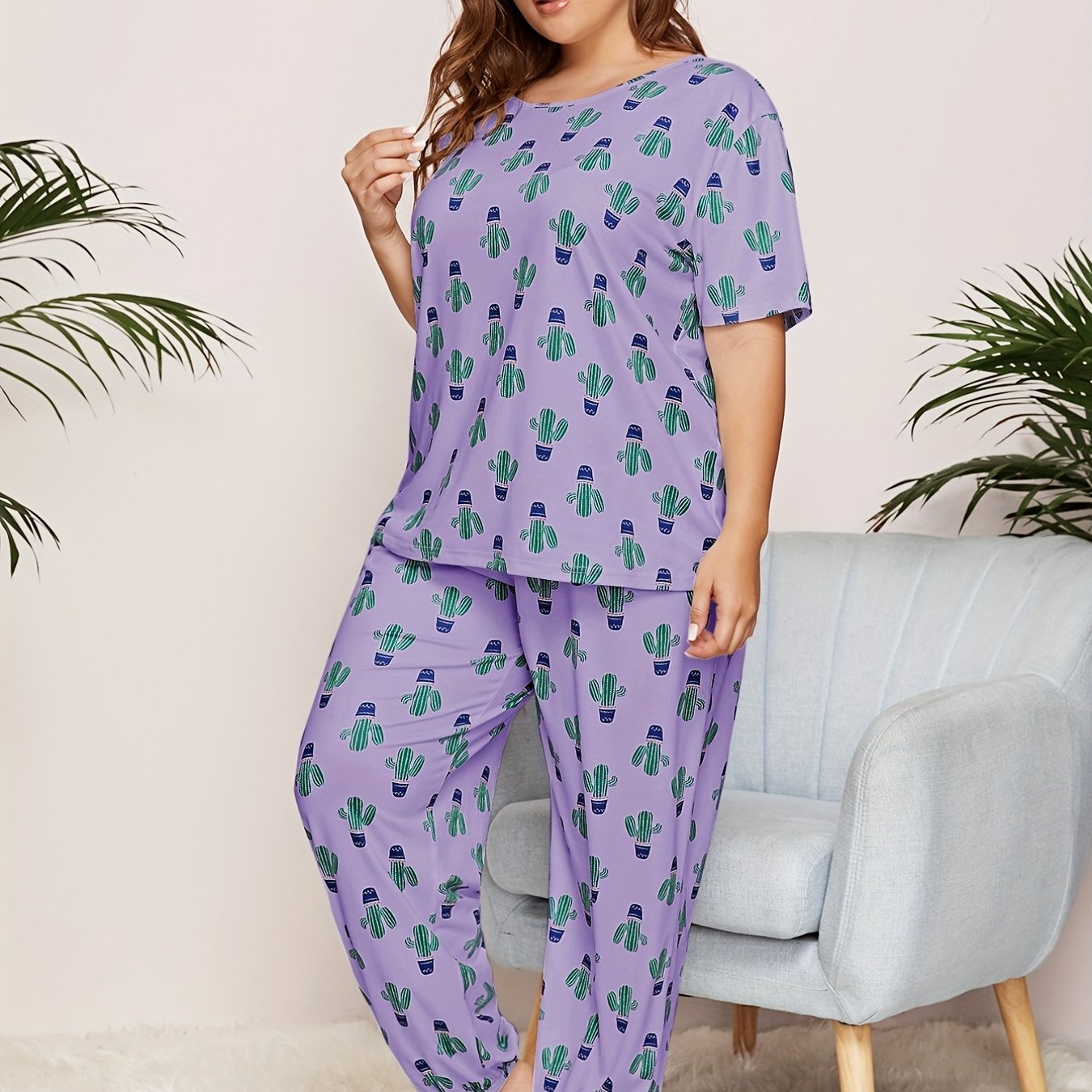 Cactus Print Pajama Set Short Sleeve Top & Pants Two Piece Set