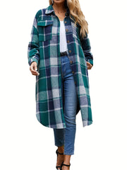 Plaid Print Shacket Jacket Button Front Long Sleeve Women's Outerwear