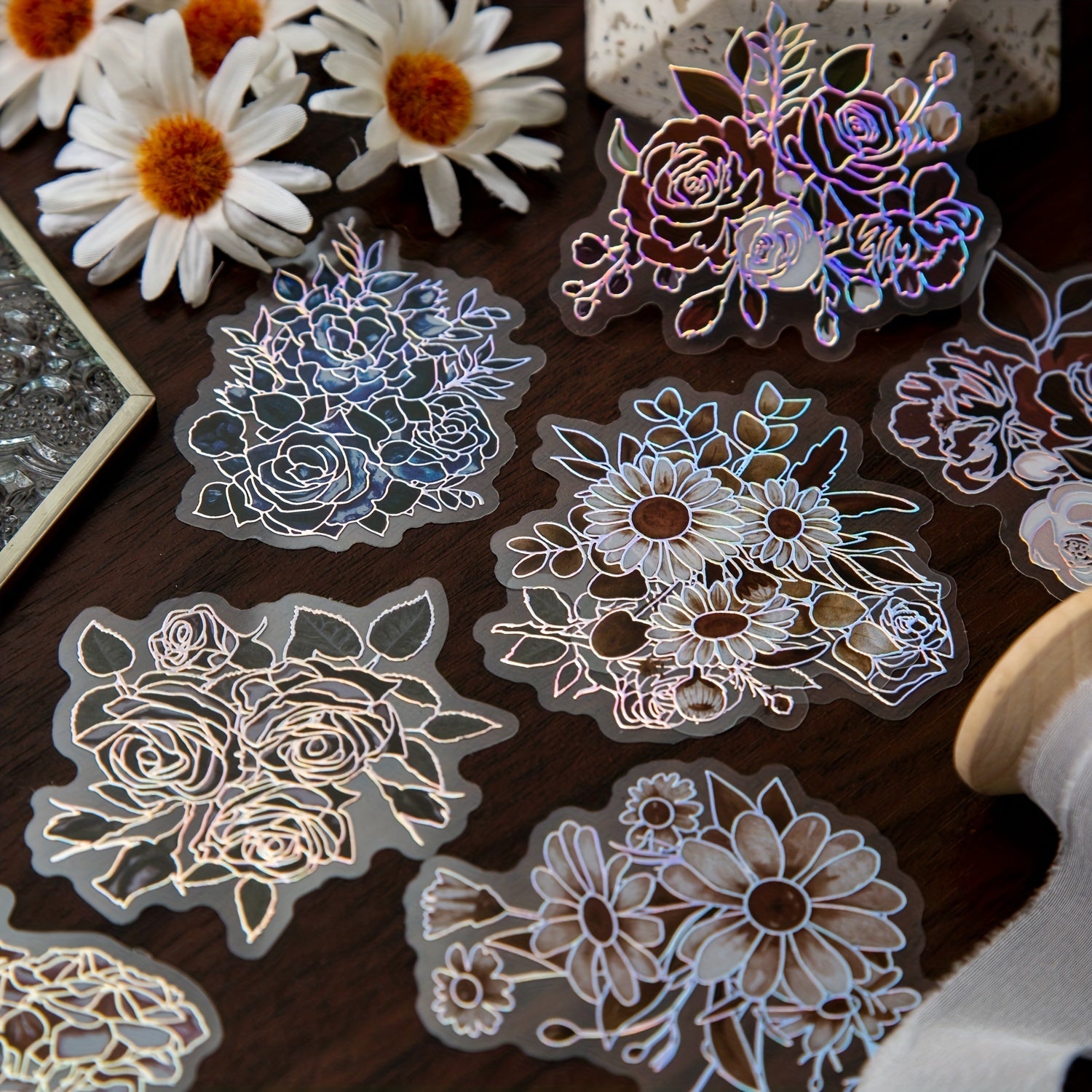 20PCS Flower & Dream Song Dark Flower Laser Silver PET Stickers