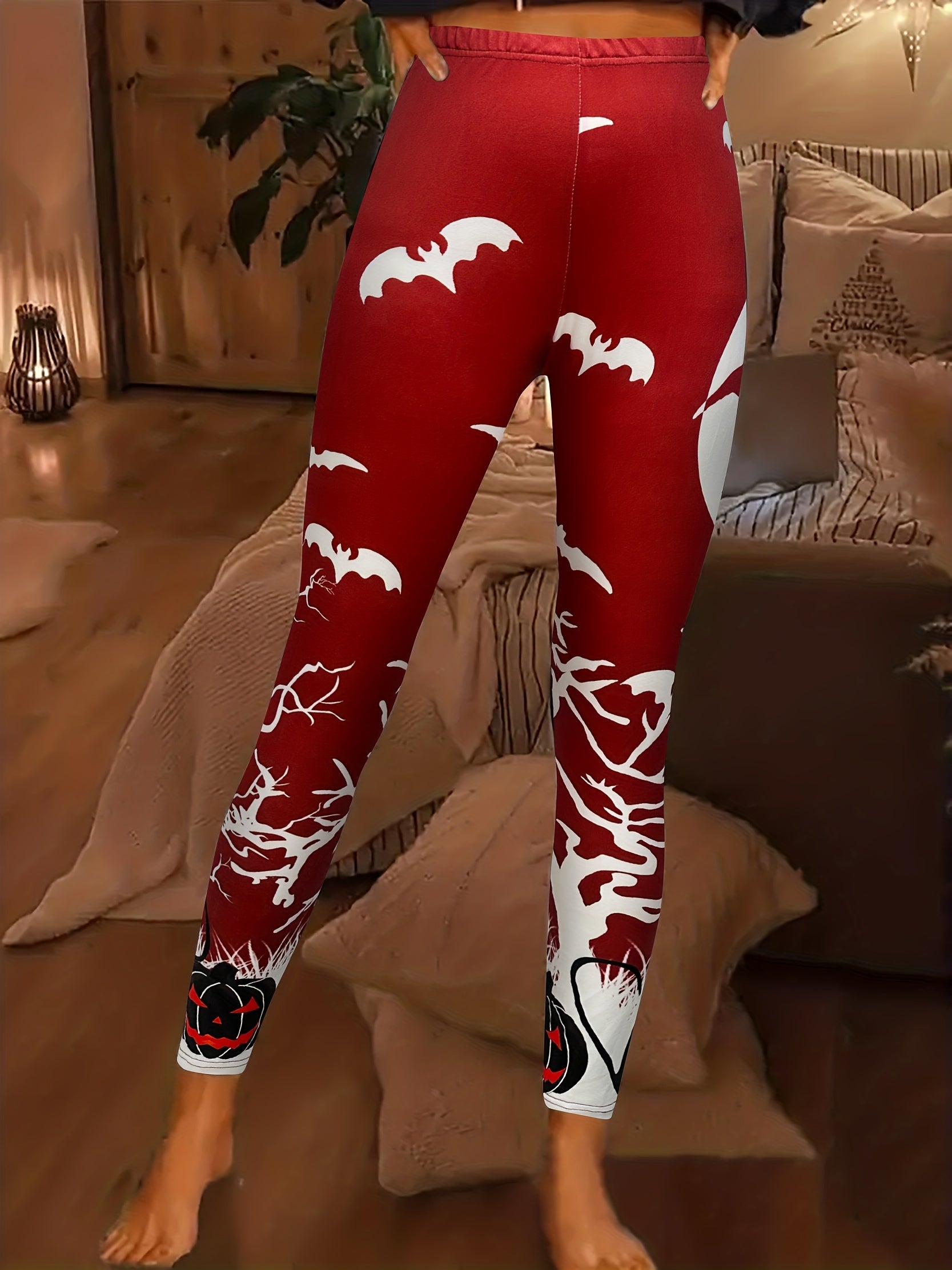 Halloween Print Skinny Leggings High Waist Stretchy Leggings Women's