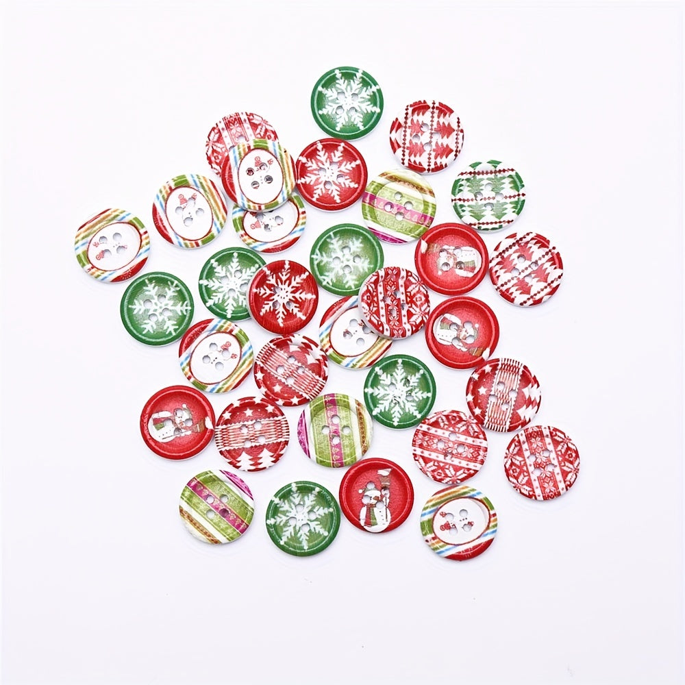 40pcs 18mm Wood Round Christmas Buttons Snowflake Xmas Tree Snowman DIY Crafts