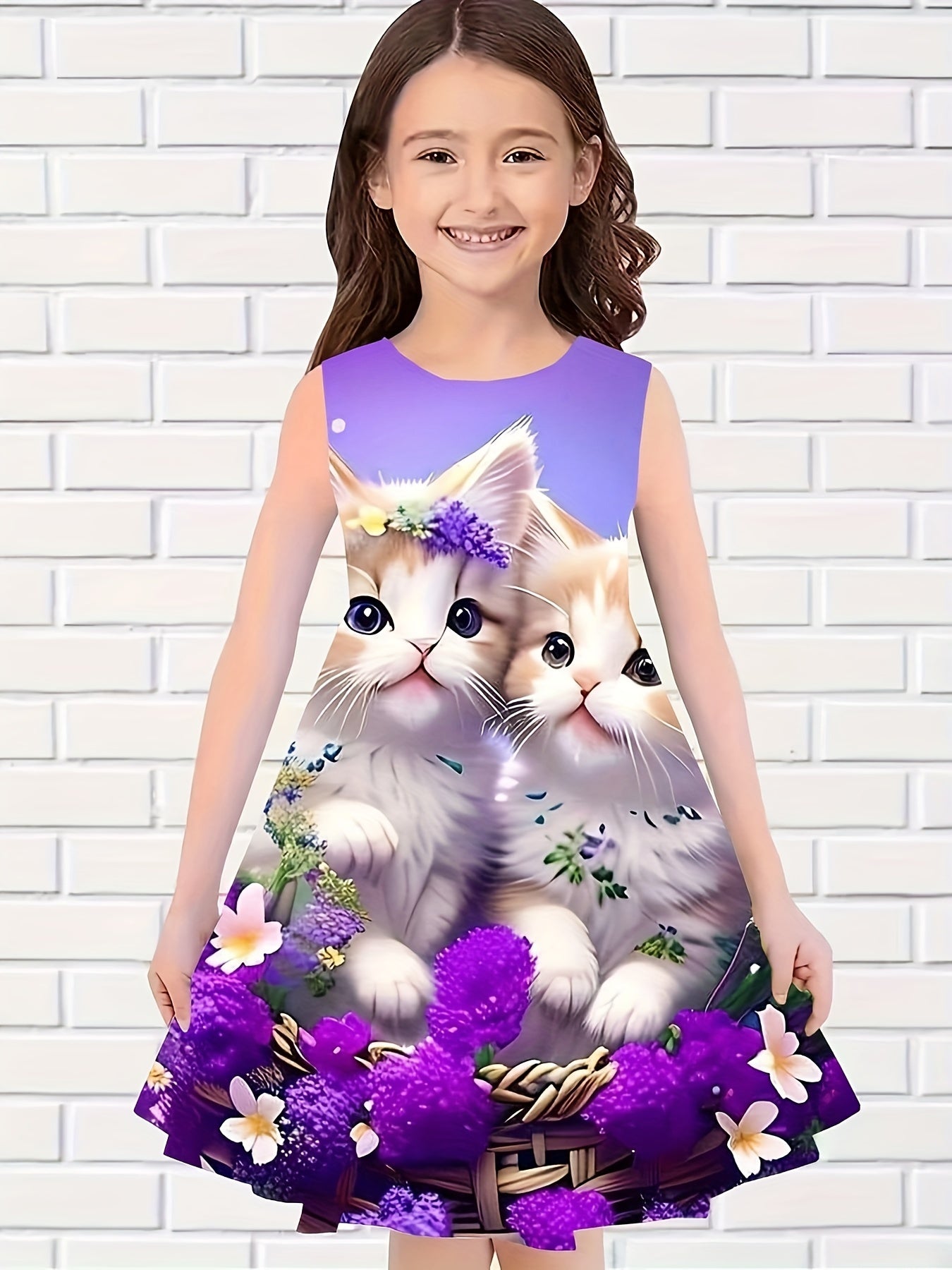 Kitty Print Sleeveless Dress Girls Summer Party Outdoor