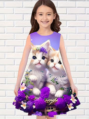 Kitty Print Sleeveless Dress Girls Summer Party Outdoor