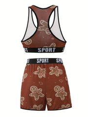 Xmas Cartoon Figure Tank Top & Snowflake Print Underwear Set