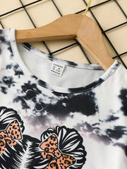 2pcs Toddler Girls Tie Dye Leopard Graphic T Shirts & Shorts Set