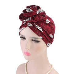 Wine Red Leaf Print Bandana Hat Women Chemo Beanie Turban Wrap