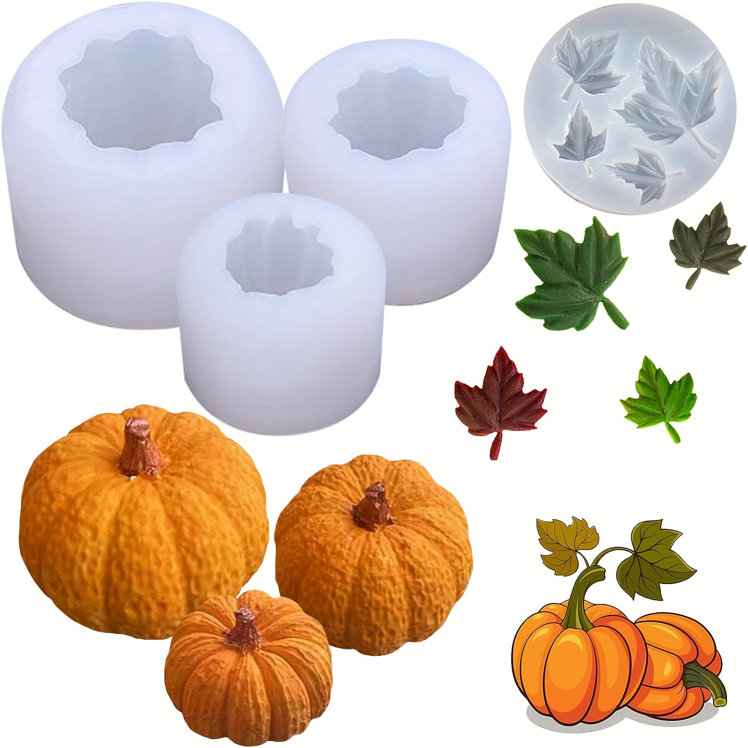 4pcs Pumpkin Candle Holder Silicone Molds Maple Leaf 3D for Resin Casting
