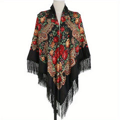 Boho Flower Print Tassel Shawl Cape Solid Cardigan Vintage Large Blanket Scarf