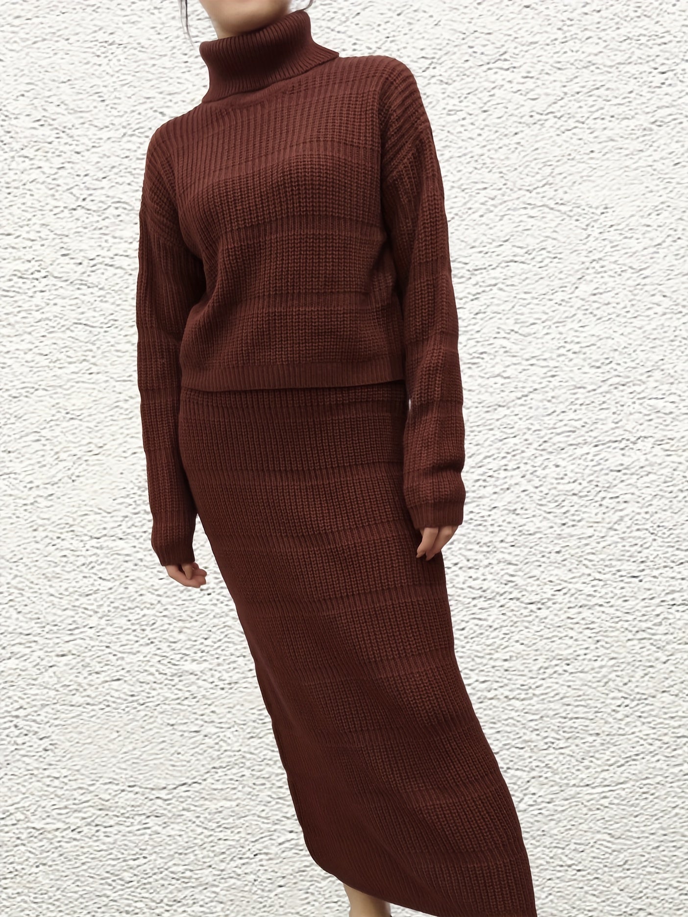 Solid Knit 2pc Skirt Set Turtleneck Sweater & Ankle Length Skirt