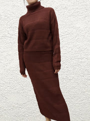 Solid Knit 2pc Skirt Set Turtleneck Sweater & Ankle Length Skirt