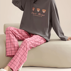 Bear Print Pajama Set Long Sleeve Crew Neck Top & Plaid Pants