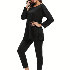 Women's Solid Lounge Set Long Sleeve Crew Neck Top & Pants
