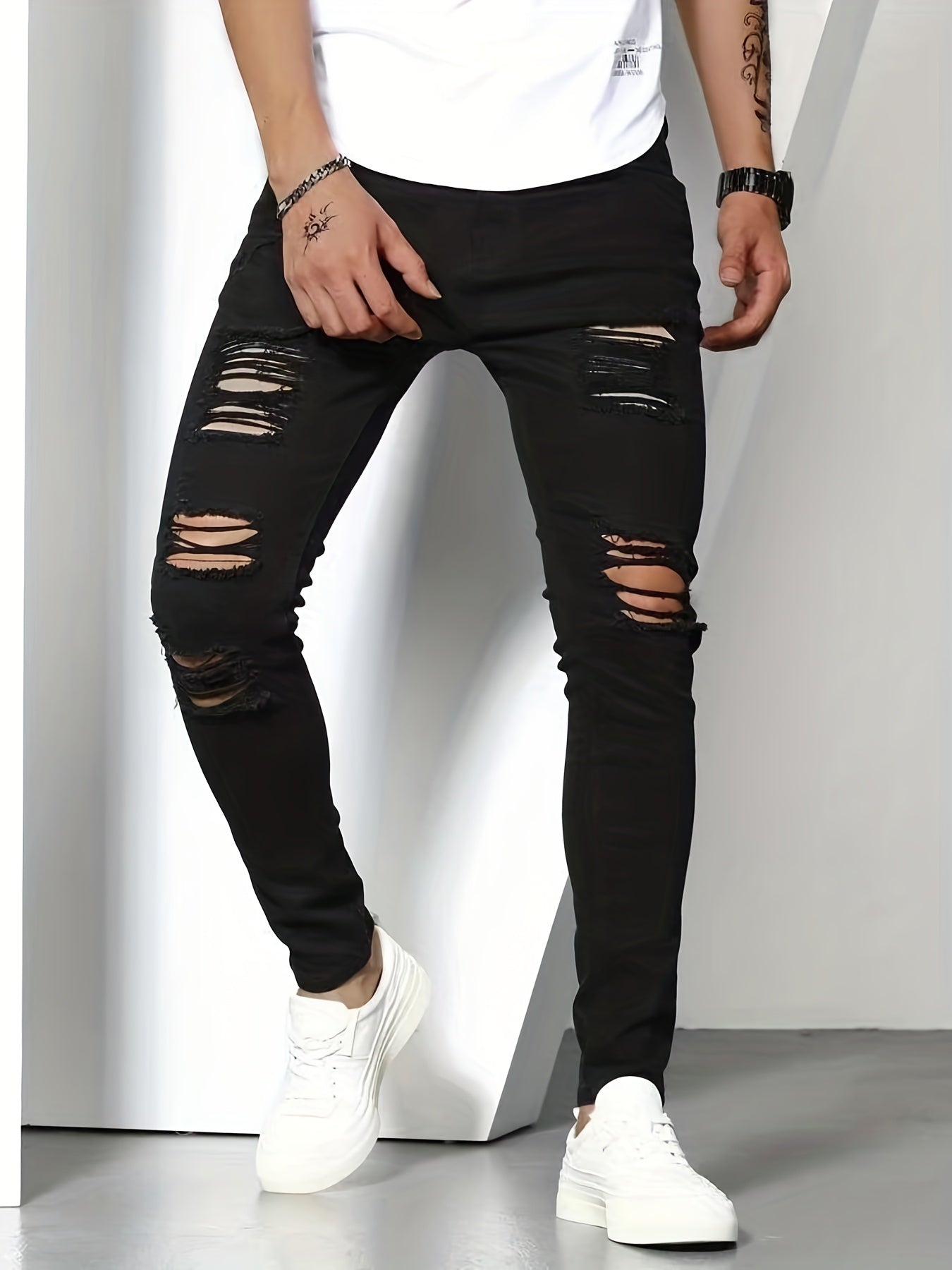 Slim Fit Ripped Jeans Mens Casual Street Style Stretch Denim Pants