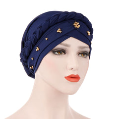 Soft Turban Cap Women Braid Beads Decor Hijab Head Scarf Hat