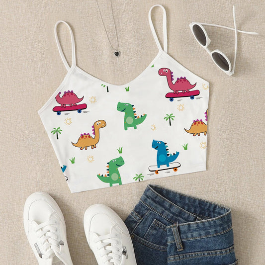 Dinosaur Print Crop Cami Top V Neck Spaghetti Strap Top