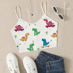 Dinosaur Print Crop Cami Top V Neck Spaghetti Strap Top