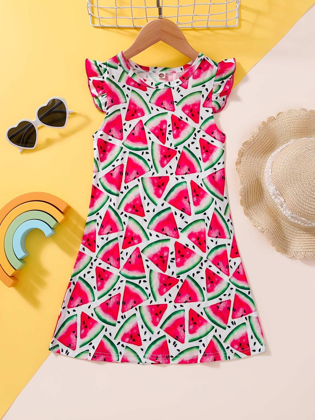 Girls Watermelon Graphic Dress Ruffled Sleeves Crew Neck Kids Summer Clothes