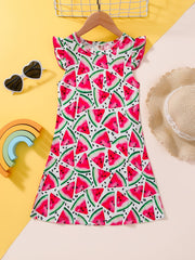 Girls Watermelon Graphic Dress Ruffled Sleeves Crew Neck Kids Summer Clothes