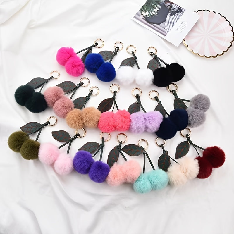 Fluffy Cherry Keychain for Car or Handbag