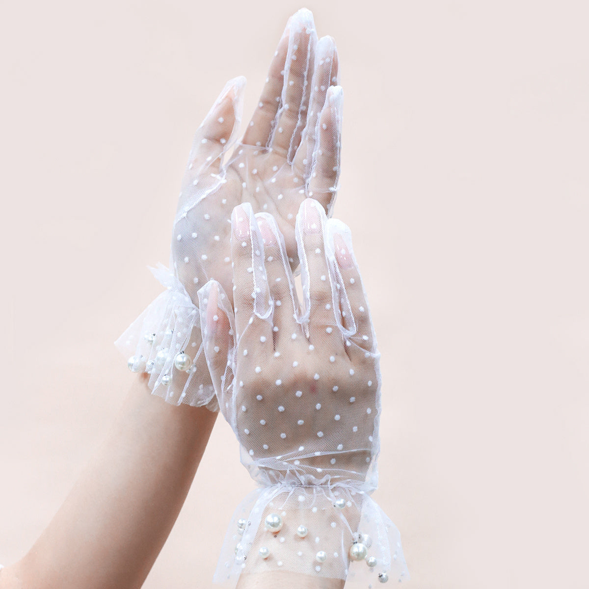 Faux Pearl Decor Mesh Short Gloves For Wedding Bridal
