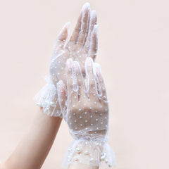 Faux Pearl Decor Mesh Short Gloves For Wedding Bridal