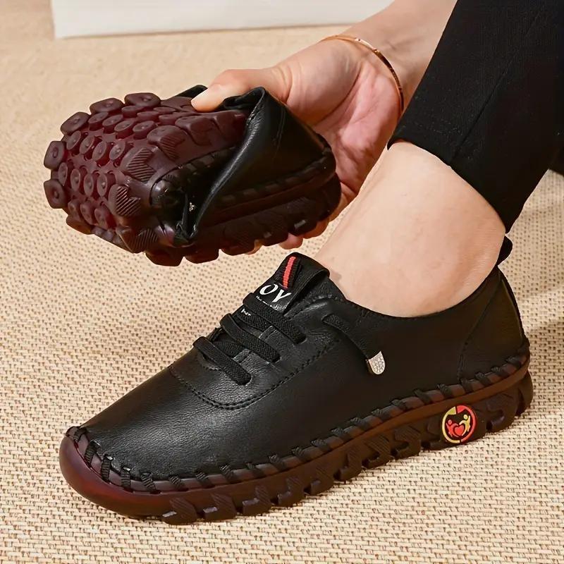 Women's Lace-Up Flat Sneakers Round Toe Faux Leather Casual Walking Shoes