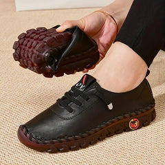 Women's Lace-Up Flat Sneakers Round Toe Faux Leather Casual Walking Shoes