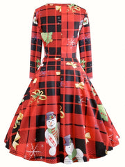 Christmas Dress Women's Plus Plaid Snowman Print Long Sleeve Round Nec