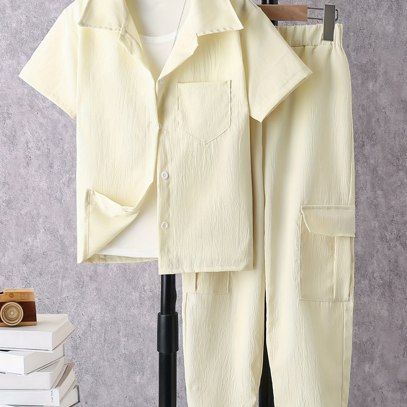 Boy's Solid Shirt & Cargo Pants Set for Spring Summer