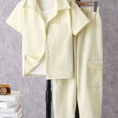 Boy's Solid Shirt & Cargo Pants Set for Spring Summer