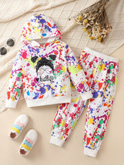 Girl's Paint Splash Pattern Cartoon Girl Hoodie & Sweatpants Set
