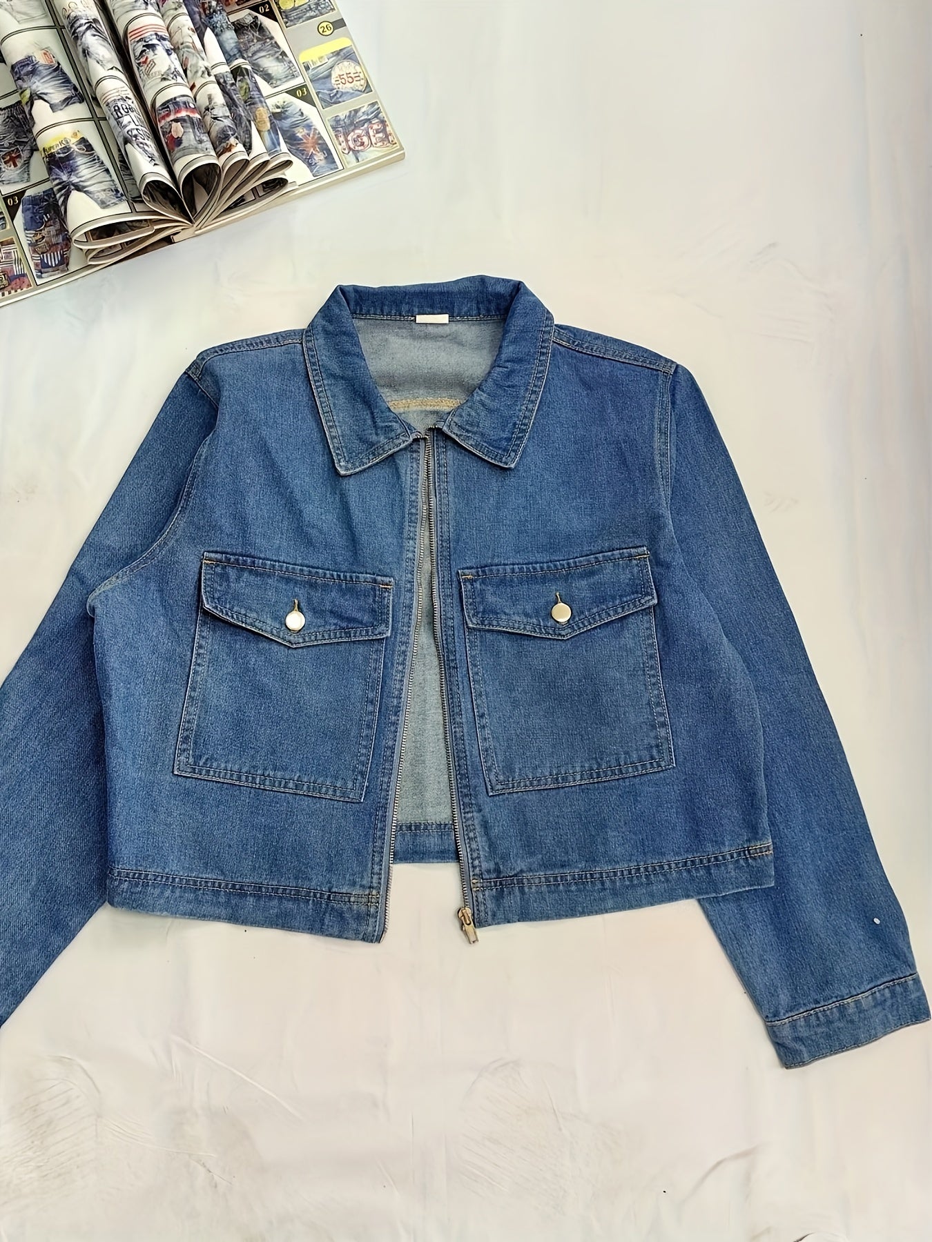 Women's Plus Denim Jacket Long Sleeve Zipper Collar Casual Top