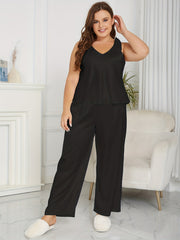 Plus Satin Tie Shoulder Tank Top & Pants Pajama Set