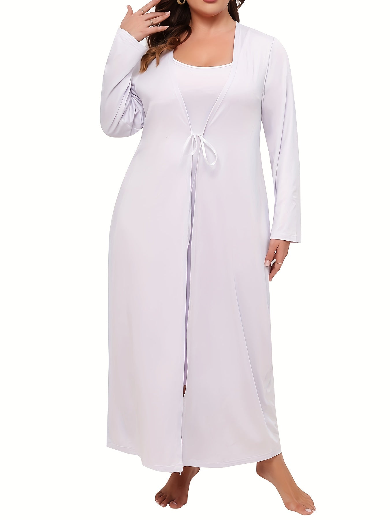 Solid Round Neck Cami Dress & Long Sleeve Tie Front Robe Pajama Set