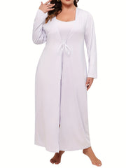 Solid Round Neck Cami Dress & Long Sleeve Tie Front Robe Pajama Set