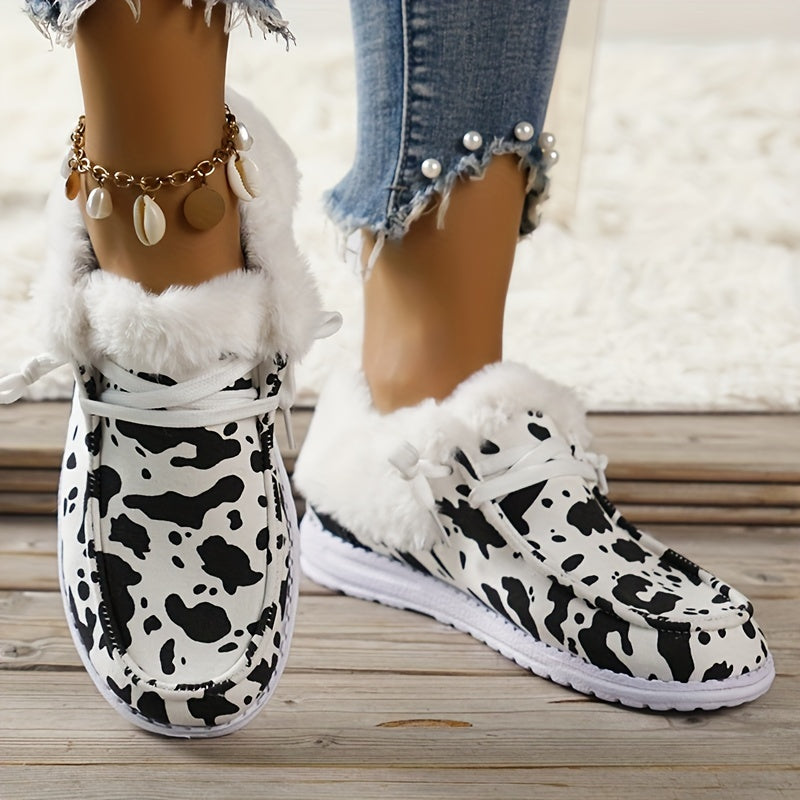 Cow & Sunflower Print Fur Fleece Lined Flat Lightweight Comfortable Skate Shoes