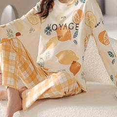 Lemon Print Pajamas Set Short Sleeve Crew Neck Top & Plaid Pants