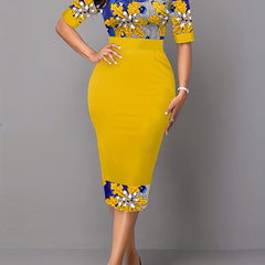 Striped & Floral Bodycon Dress Short Sleeve Crew Neck Spring Summer