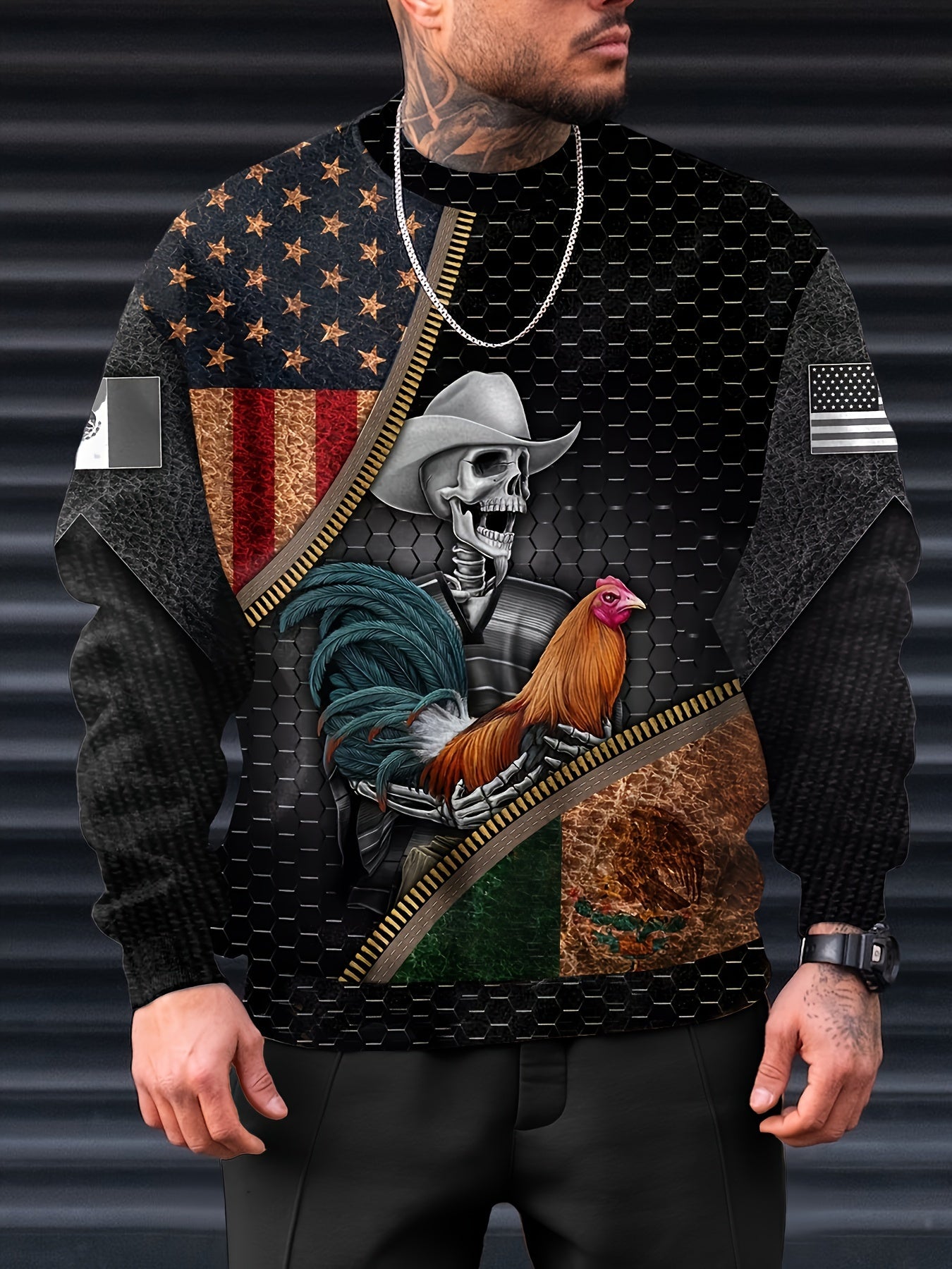 Mex Rooster Skeleton Print Men's Round Neck Sweatshirt Autumn Winter