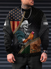 Mex Rooster Skeleton Print Men's Round Neck Sweatshirt Autumn Winter