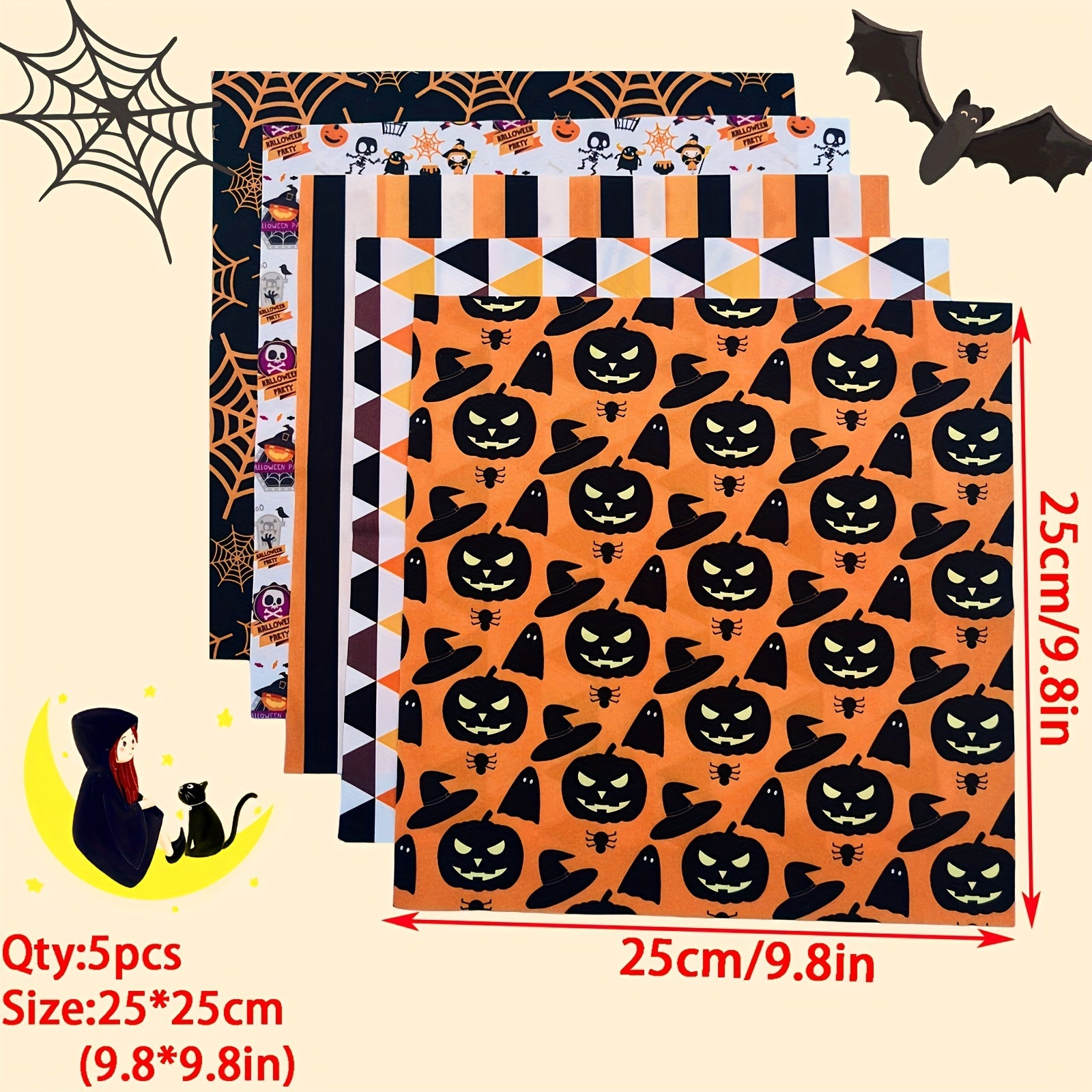 5pcs Halloween Pumpkin Pattern Fabric for Sewing Craft