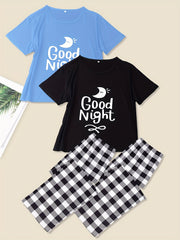 Women's Plus Moon & Plaid Print Pajama Set - Tee & Pants Loungewear - 4 Pack