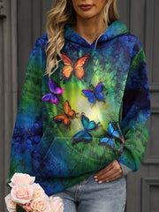 Butterfly Print Kangaroo Pocket Hoodie Long Sleeve Sweatshirt