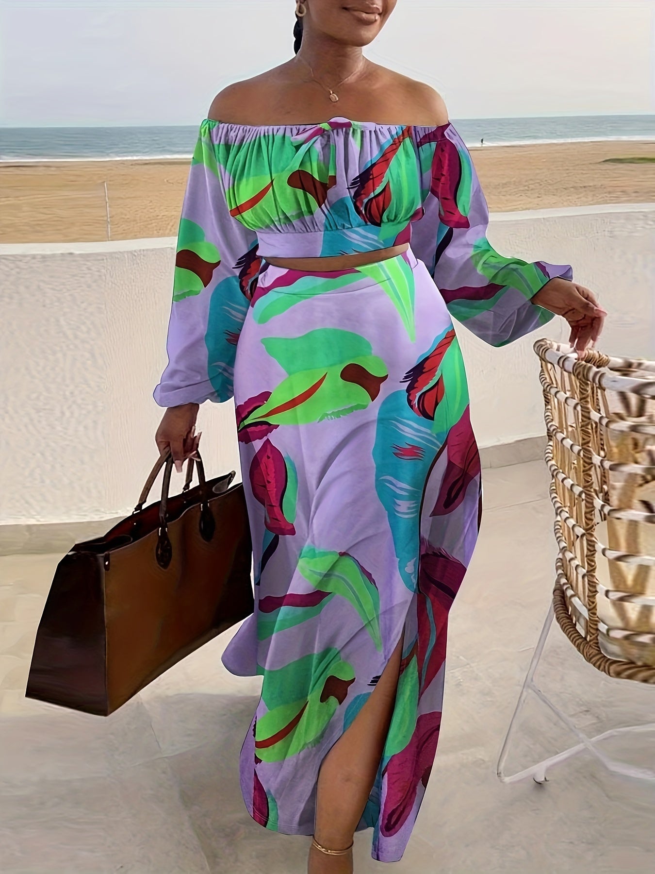 Women's Plus Floral Lantern Sleeve Top & Skirt Set